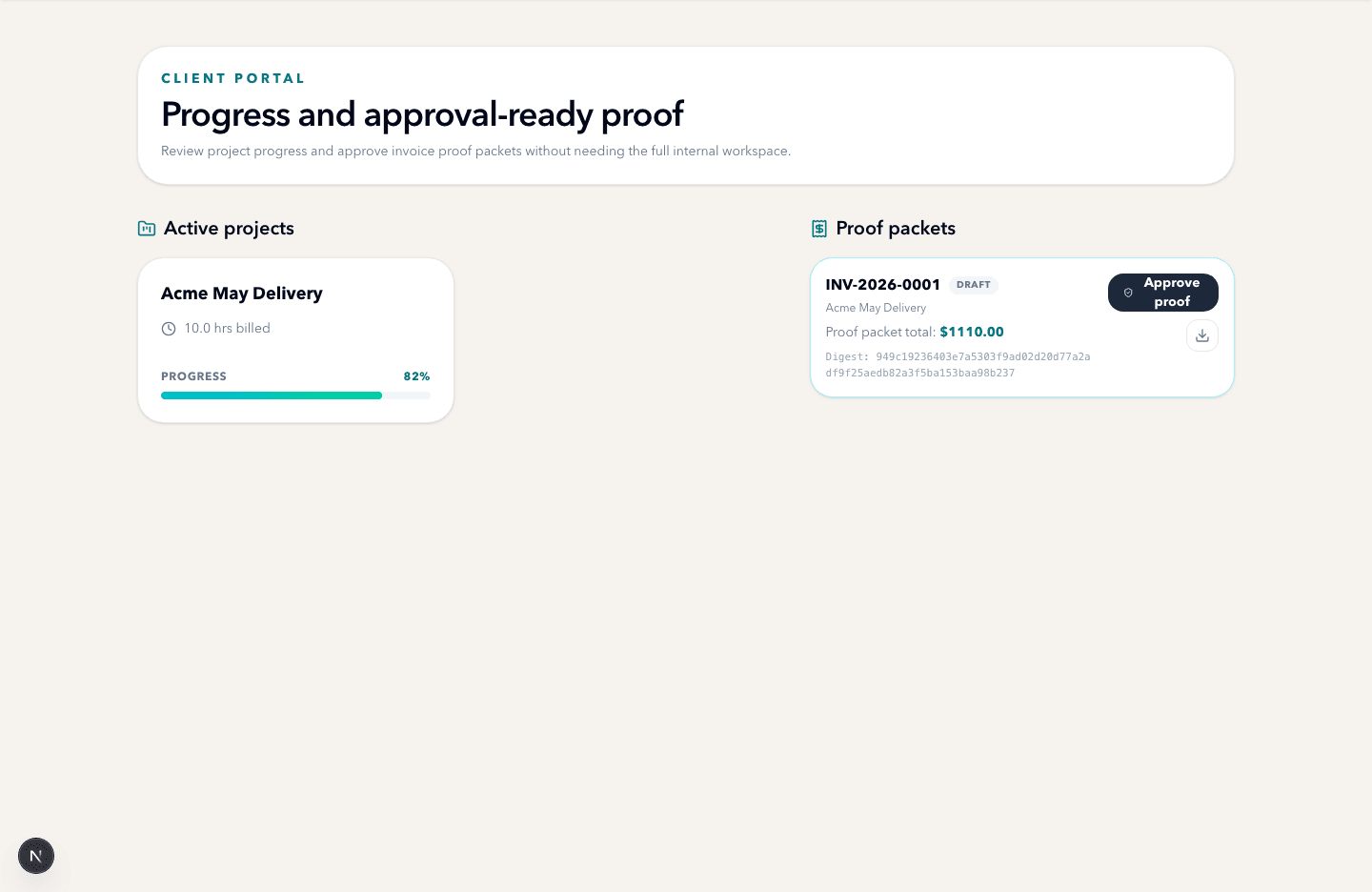 SOWLedger client sign-off portal screenshot showing active projects and approval-ready proof packets.